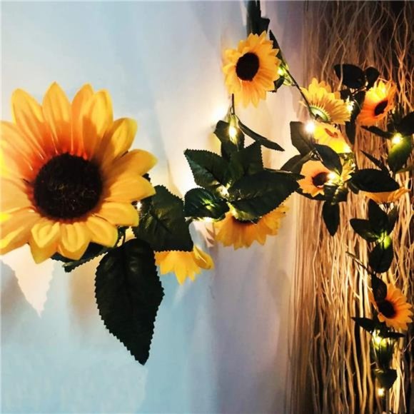 2 Pack 8.8FT Artificial Sunflower Garland with 100 LED Fairy String Lights, Vine - Picture 3 of 7